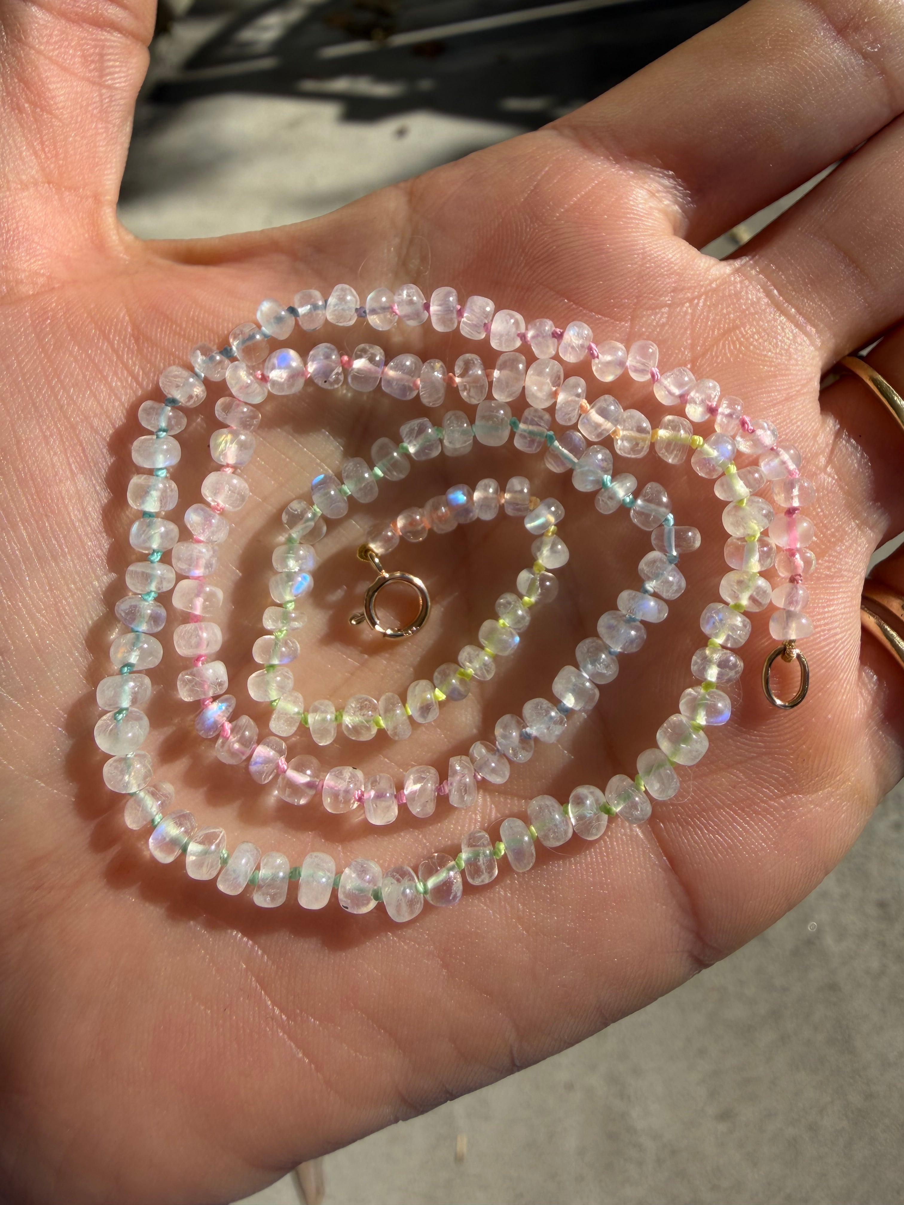 Moonstone on Tie Dye Silk (hand-knotted)